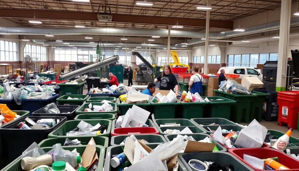 A bustling recycling center in Lansing, MI, showcasing various options for eco-conscious residents. In the foreground, a well-organized array of bins and containers for different recyclable materials - glass, paper, plastic, and metal. The middle ground features a team of dedicated workers sorting and preparing the collected items for processing. In the background, a modern, well-lit facility with large windows, conveyor belts, and sorting machinery, creating a sense of efficiency and sustainability. The overall atmosphere is one of environmental responsibility and community involvement, encouraging Lansing residents to make informed choices about their waste management.