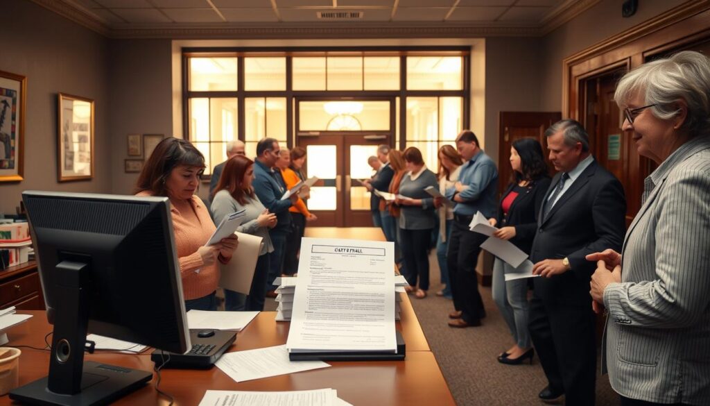A busy municipal office, the Haslett, MI city hall, with a line of residents waiting to submit their dumpster permit applications. The foreground shows a desk with a receptionist processing paperwork, their computer screen displaying the permit form. In the middle ground, people stand patiently, clutching their documents, the atmosphere formal yet cooperative. The background depicts the building's classic architecture, warm lighting filtering through the windows, suggesting an efficient, well-organized civic process. The overall scene conveys the routine, yet important, task of obtaining a dumpster rental permit in this Michigan community.