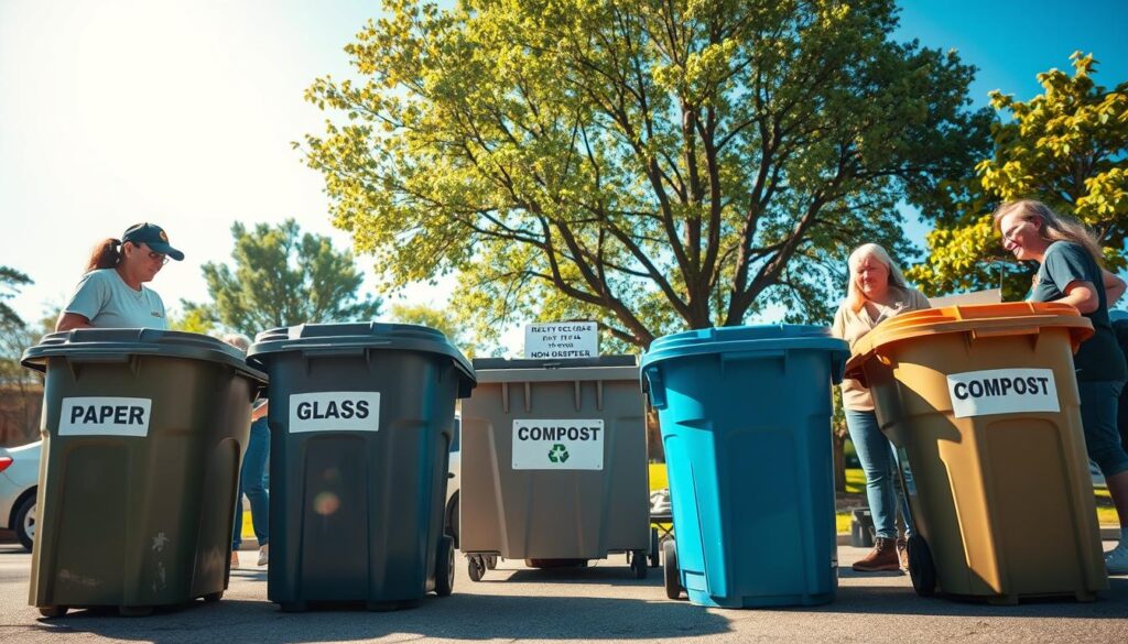 A community cleanup waste sorting station set against a bright, sunny day. In the foreground, large waste bins marked for different recyclables - paper, plastic, glass, and compost. Sorting volunteers demonstrate proper waste segregation techniques to participants. In the middle ground, a dumpster for non-recyclable items, with a "Rent a Dumpster" sign. The background features lush green trees and a clear blue sky, creating a warm, welcoming atmosphere. Soft, diffused lighting highlights the sorting station, and a wide-angle lens captures the full scene. The overall mood is one of environmental responsibility and community engagement.