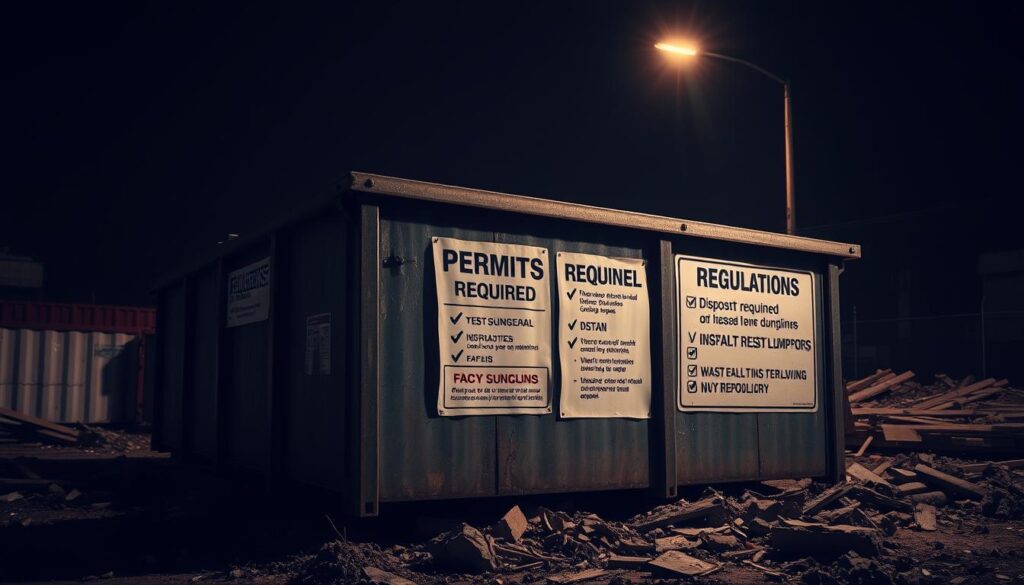 A dimly lit construction site, a dumpster rental standing tall amidst the debris. Weathered signage illuminates regulations - permits required, size restrictions, disposal guidelines. Shadows dance across the dumpster's rugged exterior, hinting at the waste within. Overhead, a lone streetlight casts a warm glow, creating a sense of order amidst the chaos. The scene conveys the importance of adhering to local dumpster rental policies, a necessary precaution in the world of construction and waste management.