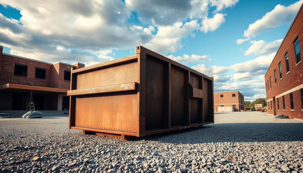 A large industrial-style dumpster in a gravel-paved East Lansing construction site, with a backdrop of half-built brick buildings and a cloudy blue sky. The dumpster is a prominent focus, with a wide angle capturing its imposing size and rusty steel exterior. Warm afternoon sunlight casts long shadows, creating a sense of depth and texture. The scene conveys the practical necessity of a reliable waste management solution for an active construction project.
