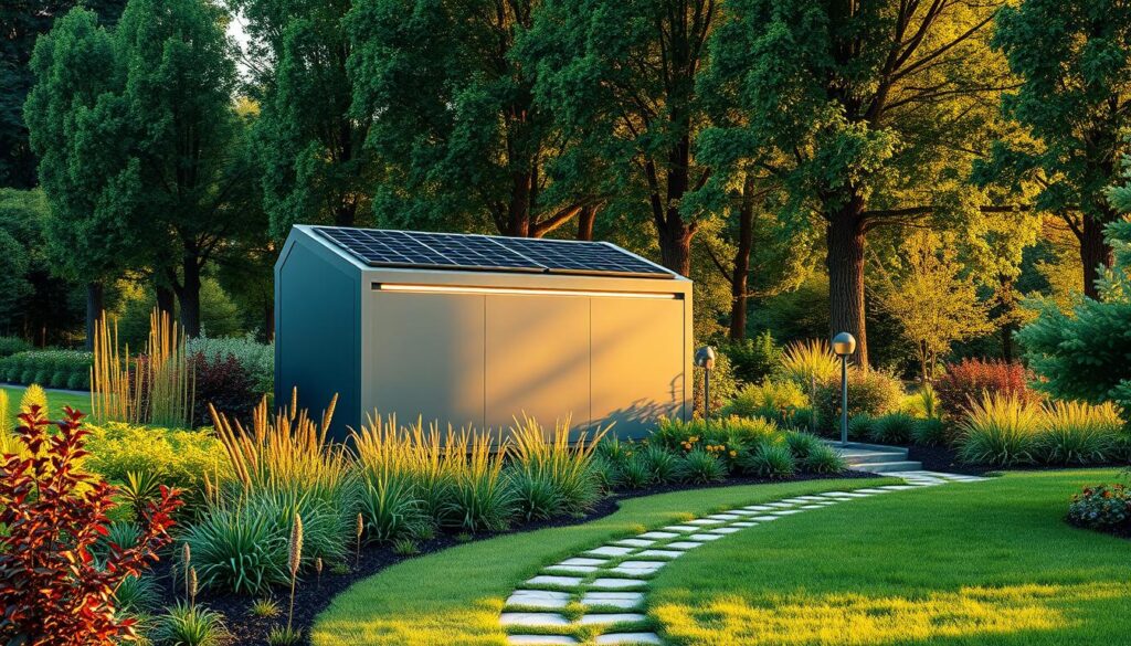 A modern, eco-friendly dumpster nestled in a lush, verdant landscape. The dumpster's sleek, minimalist design features solar panels on the roof, a rainwater harvesting system, and energy-efficient LED lighting. Surrounding the dumpster, a beautifully landscaped garden with native plants and a winding pathway invites exploration. Warm, natural lighting illuminates the scene, creating a serene and inviting atmosphere. In the background, a row of towering trees provides a natural backdrop, emphasizing the harmony between the dumpster and its environmental setting. This image conveys a vision of sustainable waste management that seamlessly integrates with the natural world.