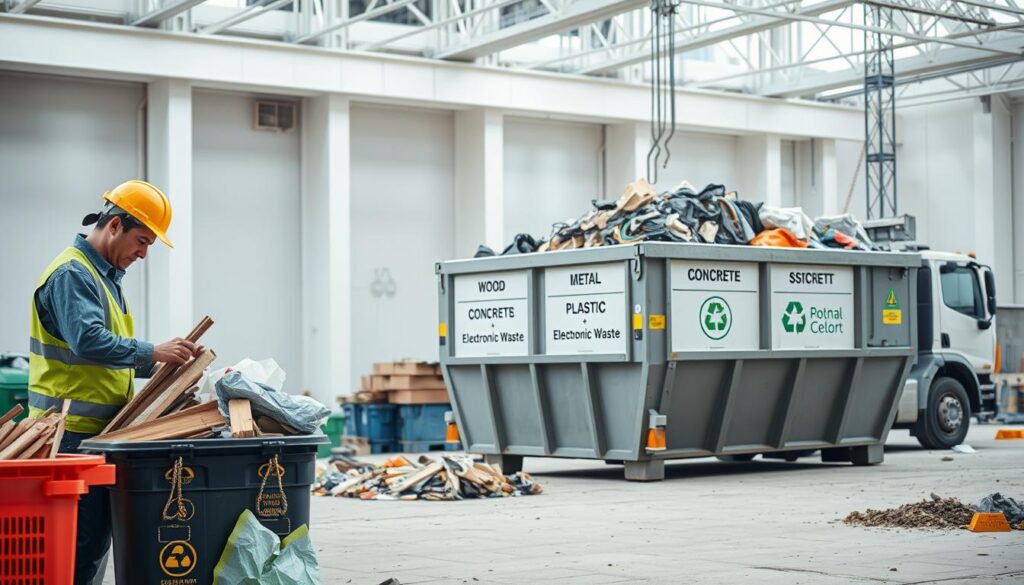 A modern, well-lit construction site with a focus on eco-friendly waste disposal methods. In the foreground, a worker carefully sorts recyclable materials, separating wood, metal, and plastic into designated bins. In the middle ground, a large dumpster with clear labeling on the sides highlights the various waste streams it accommodates, from concrete and asphalt to electronic waste. The background showcases the efficient transportation of these materials, with a truck loading up the sorted waste for responsible disposal or recycling. The overall scene conveys a sense of environmental consciousness and a commitment to sustainable construction practices.