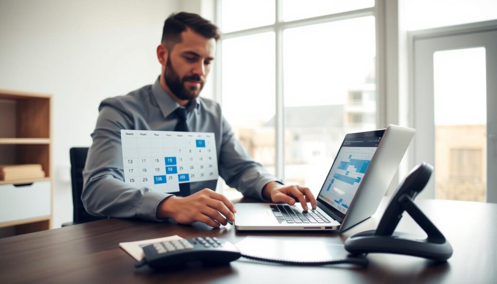 A modern, well-lit office interior with a desk prominently featuring a laptop, calendar, and phone. On the desk, a businessman is scheduling a dumpster rental on his laptop, with a calendar app open to show upcoming availability. Behind him, a window offers a view of a construction site with a partially completed building, suggesting the need for the dumpster rental. The lighting is soft and natural, creating a professional, productive atmosphere. The overall scene conveys the process of efficiently planning and coordinating a dumpster rental for a roofing project.