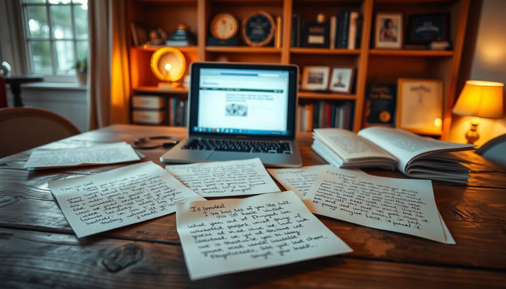 A neatly arranged tableau showcasing heartfelt customer testimonials for a dumpster rental service. In the foreground, handwritten notes and letters are laid out on a rustic wooden table, conveying genuine appreciation and satisfaction. The middle ground features a stack of testimonial cards, their edges weathered, resting alongside a laptop displaying positive online reviews. In the background, a softly lit bookshelf displays awards and accolades, lending an air of professionalism and trust. Warm lighting from nearby windows casts a cozy, inviting glow, creating an atmosphere of customer-centric reliability. The overall scene evokes a sense of authenticity and a commitment to exceptional service.
