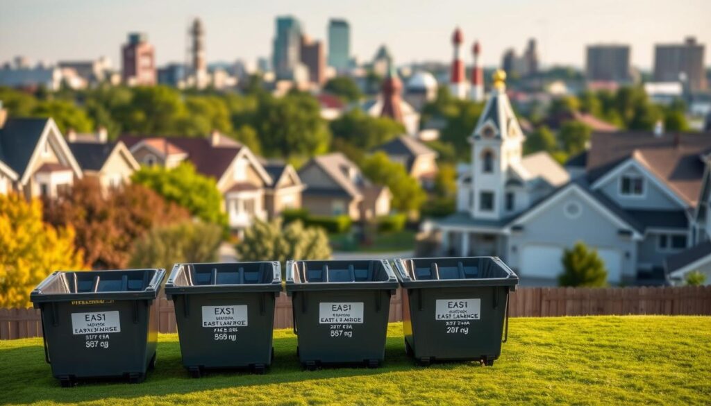 A neatly organized dumpster size estimation guide set against the backdrop of an East Lansing cityscape. The foreground features a series of dumpsters of varying sizes, meticulously labeled with their dimensions and waste capacities. The middle ground showcases a residential neighborhood, with well-manicured lawns and quaint homes, emphasizing the practical application of the guide. The background depicts the distinctive architecture and landmarks of East Lansing, creating a sense of place. The lighting is soft and warm, creating a welcoming atmosphere. The overall composition guides the viewer's eye through the key elements, providing a clear and informative visual resource for choosing the right dumpster size. A neatly organized dumpster size estimation guide set against the backdrop of an East Lansing cityscape. The foreground features a series of dumpsters of varying sizes, meticulously labeled with their dimensions and waste capacities. The middle ground showcases a residential neighborhood, with well-manicured lawns and quaint homes, emphasizing the practical application of the guide. The background depicts the distinctive architecture and landmarks of East Lansing, creating a sense of place. The lighting is soft and warm, creating a welcoming atmosphere. The overall composition guides the viewer's eye through the key elements, providing a clear and informative visual resource for choosing the right dumpster size.