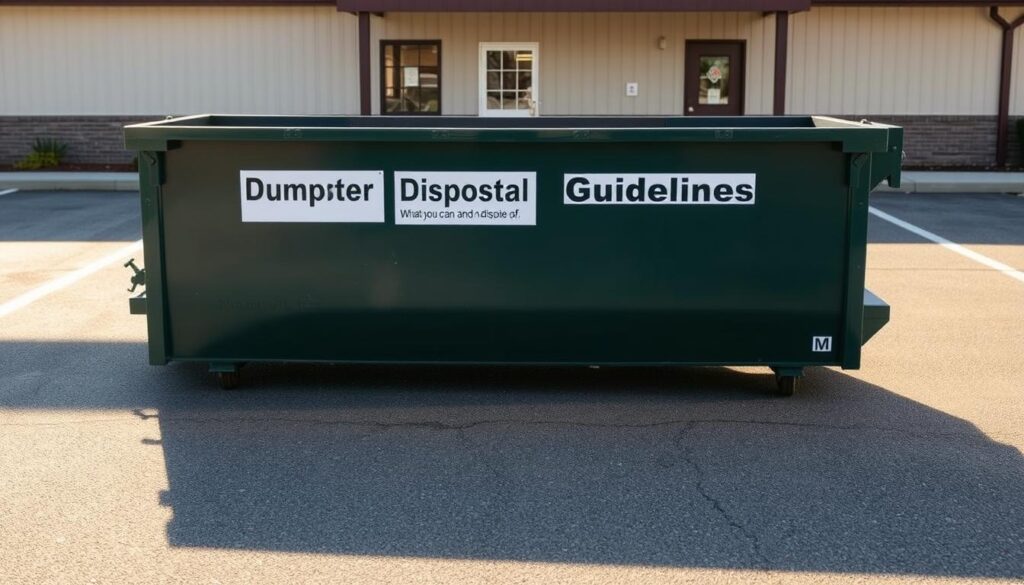 A neatly organized dumpster with clear signage displaying "Dumpster Disposal Guidelines Dansville MI" in a well-lit, commercial setting. The dumpster is positioned in the foreground, casting subtle shadows on the ground. The middle ground features a clean, paved parking area, while the background showcases a modest, tidy building facade. The lighting is warm and natural, creating a welcoming atmosphere. The overall scene conveys a sense of order and attention to waste management procedures, suitable for illustrating the "What You Can and Cannot Dispose Of" section of the article.