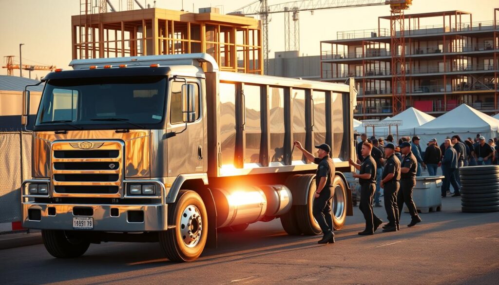 A professional, well-maintained dumpster rental truck arrives at a bustling construction site, its chrome exterior gleaming in the warm afternoon sunlight. A team of uniformed, courteous employees efficiently unload the dumpster and position it with precision, their actions exuding a sense of reliability and expertise. In the background, a neatly organized worksite hums with activity, conveying the impression of a seamless, dependable waste management solution that allows the event organizers to focus on their primary tasks. The image captures the essence of a trustworthy, high-quality dumpster rental service that prioritizes customer satisfaction and operational excellence.