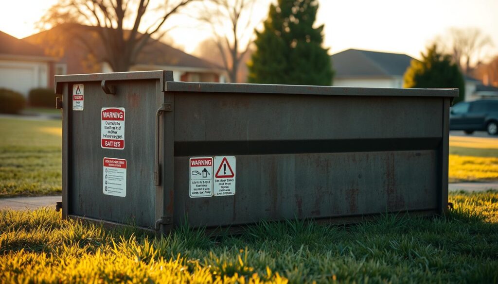 A rustic dumpster sits in a grassy outdoor scene, illuminated by warm, golden natural lighting. The dumpster's metal exterior is weathered, with a few warning signs and regulations clearly visible. The background features a neatly trimmed lawn, a few trees, and a subtle sense of suburban tranquility. The overall mood is one of order and responsibility, conveying the idea that certain items are not appropriate for dumpster disposal. The camera angle is slightly elevated, providing a balanced, objective perspective on the dumpster and its surroundings.