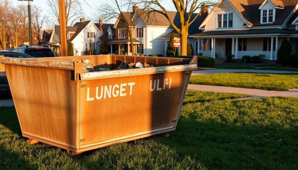 A rustic, weathered construction dumpster sits prominently in the foreground, casting long shadows in the golden afternoon light. Its battered exterior hints at the debris it has collected - remnants of a renovation or demolition project. In the middle ground, a neatly manicured lawn and trimmed hedges suggest a residential neighborhood, while in the background, a quaint small-town streetscape with charming historic buildings comes into view. The overall scene conveys a sense of order and community, underscoring the responsible disposal guidelines that govern the use of such containers in Dimondale. A rustic, weathered construction dumpster sits prominently in the foreground, casting long shadows in the golden afternoon light. Its battered exterior hints at the debris it has collected - remnants of a renovation or demolition project. In the middle ground, a neatly manicured lawn and trimmed hedges suggest a residential neighborhood, while in the background, a quaint small-town streetscape with charming historic buildings comes into view. The overall scene conveys a sense of order and community, underscoring the responsible disposal guidelines that govern the use of such containers in Dimondale.