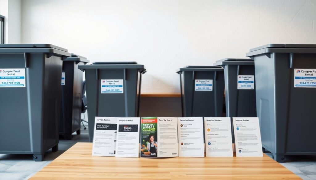 A side-by-side comparison of dumpster rental services in a well-lit, modern office setting. In the foreground, a row of sleek, industrial-style dumpsters in various sizes, each with a clear label showcasing the company name and rental details. In the middle ground, neatly organized brochures, price lists, and customer reviews displayed on a minimalist wooden table, inviting the viewer to explore the options. The background features a clean, bright wall with subtle textures, creating a professional and trustworthy atmosphere. The overall scene conveys a sense of efficiency, transparency, and the ability to make an informed decision when selecting a dumpster rental provider.