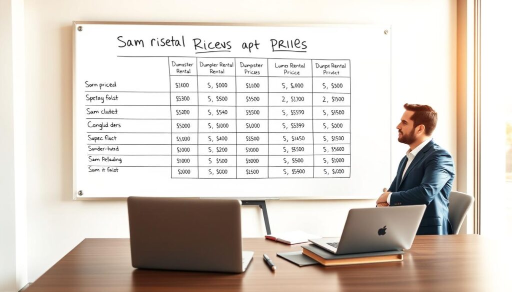 A sleek, modern office space with a large whiteboard displaying a detailed comparison of dumpster rental prices from various providers. The foreground shows a neatly organized desk with a laptop, notepad, and pen, hinting at the research and analysis being undertaken. The middle ground features two executives in business attire engaged in a thoughtful discussion, their expressions conveying the importance of finding the best value. The background is bathed in warm, natural lighting, creating a professional and productive atmosphere. The overall scene exudes a sense of informed decision-making and careful consideration of the dumpster rental market.