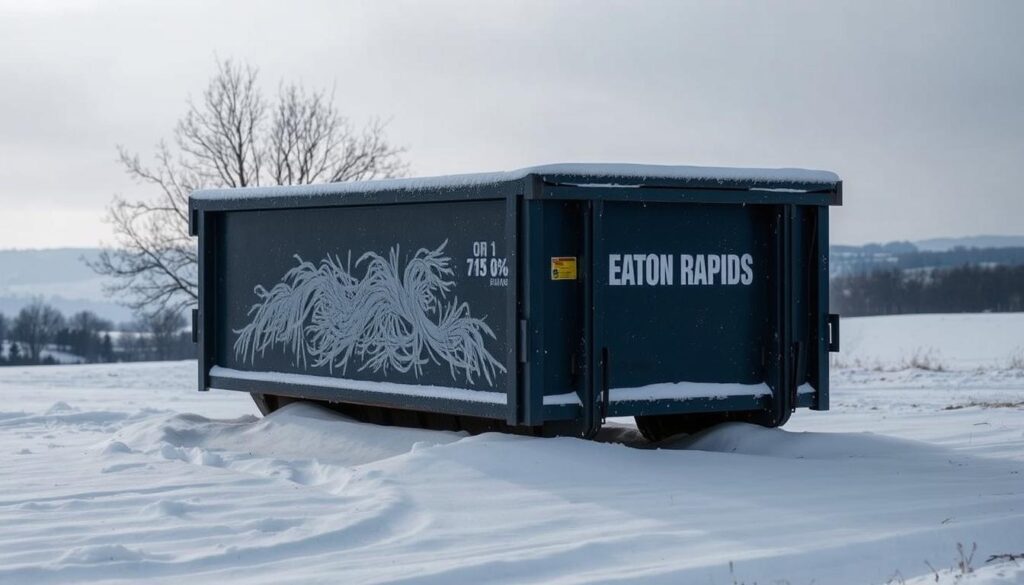 A snow-covered Eaton Rapids roll-off dumpster stands in the foreground, its rugged metal frame contrasting against the muted winter landscape. Soft, diffused light filters through the overcast sky, casting gentle shadows across the dumpster's surface. In the middle ground, bare trees sway gently in the cool breeze, their branches reaching towards the heavens. The background is filled with a serene, rural setting, with rolling hills and a distant, snow-capped horizon. The overall scene evokes a sense of tranquility and off-peak opportunity, perfect for capturing the essence of the "Winter: Off-Peak Opportunities" section of the article. A snow-covered Eaton Rapids roll-off dumpster stands in the foreground, its rugged metal frame contrasting against the muted winter landscape. Soft, diffused light filters through the overcast sky, casting gentle shadows across the dumpster's surface. In the middle ground, bare trees sway gently in the cool breeze, their branches reaching towards the heavens. The background is filled with a serene, rural setting, with rolling hills and a distant, snow-capped horizon. The overall scene evokes a sense of tranquility and off-peak opportunity, perfect for capturing the essence of the "Winter: Off-Peak Opportunities" section of the article.