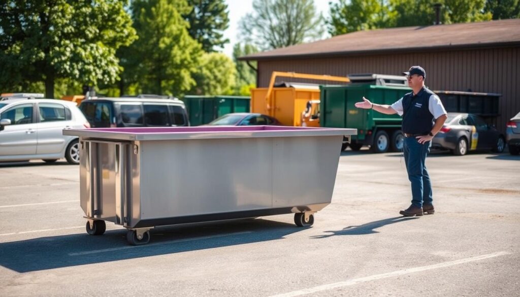 A sun-dappled dumpster rental lot in Eaton Rapids, MI. In the foreground, a mid-sized dumpster sits ready for use, its metallic sides gleaming under soft natural light. In the middle ground, a uniformed worker gestures towards the dumpster, highlighting its capacity and convenience. The background features the well-maintained premises of the rental company, conveying a sense of professionalism and reliability. The overall scene exudes an atmosphere of efficiency and trustworthiness, perfectly capturing the essence of "When to Hire Professional Help" for dumpster rental needs. A sun-dappled dumpster rental lot in Eaton Rapids, MI. In the foreground, a mid-sized dumpster sits ready for use, its metallic sides gleaming under soft natural light. In the middle ground, a uniformed worker gestures towards the dumpster, highlighting its capacity and convenience. The background features the well-maintained premises of the rental company, conveying a sense of professionalism and reliability. The overall scene exudes an atmosphere of efficiency and trustworthiness, perfectly capturing the essence of "When to Hire Professional Help" for dumpster rental needs.