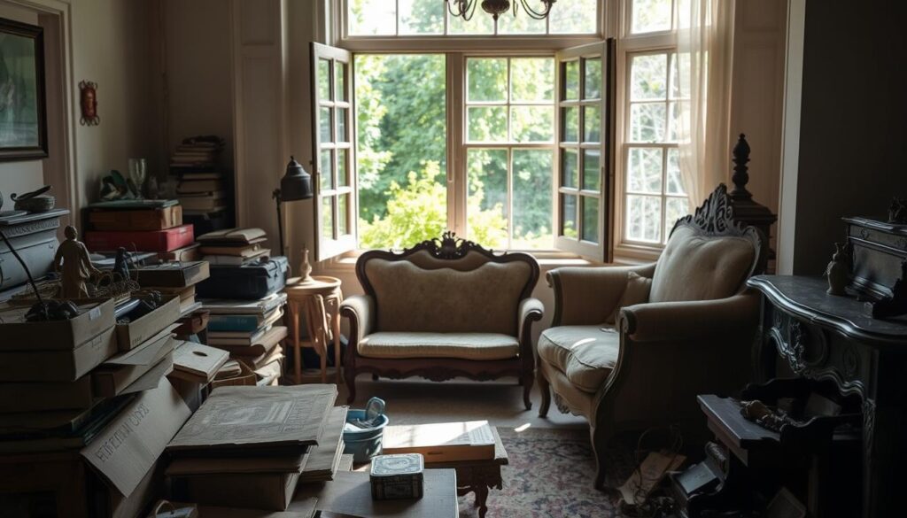 A sun-dappled room, filled with the detritus of an estate cleanout. In the foreground, a stack of cardboard boxes and discarded trinkets, hinting at a lifetime's worth of accumulated possessions. Dusty antique furniture occupies the middle ground, their once-ornate details now faded. Through the open window, a lush garden scene provides a serene backdrop, contrasting with the cluttered interior. Gentle natural light illuminates the scene, casting soft shadows and highlighting the textures of the various objects. A sense of contemplation and nostalgia pervades the atmosphere, as if the viewer is pausing to reflect on the transience of material things.