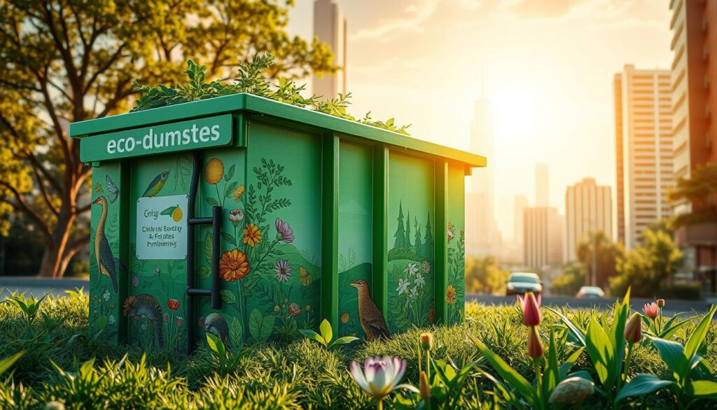 A verdant eco-dumpster in a sunlit urban landscape, its sides adorned with vibrant illustrations of thriving ecosystems. In the foreground, a diverse array of native flora and fauna spill forth, symbolizing the dumpster's role in protecting the local environment. The middle ground features a towering cityscape, with skyscrapers and infrastructure fading into the distance, suggesting the dumpster's place within a sustainable urban context. The background is bathed in a warm, golden glow, creating a sense of hope and optimism for the future of environmental stewardship. The overall composition conveys the tangible benefits of responsible dumpster rental in preserving the delicate balance of the ecosystem. A verdant eco-dumpster in a sunlit urban landscape, its sides adorned with vibrant illustrations of thriving ecosystems. In the foreground, a diverse array of native flora and fauna spill forth, symbolizing the dumpster's role in protecting the local environment. The middle ground features a towering cityscape, with skyscrapers and infrastructure fading into the distance, suggesting the dumpster's place within a sustainable urban context. The background is bathed in a warm, golden glow, creating a sense of hope and optimism for the future of environmental stewardship. The overall composition conveys the tangible benefits of responsible dumpster rental in preserving the delicate balance of the ecosystem.