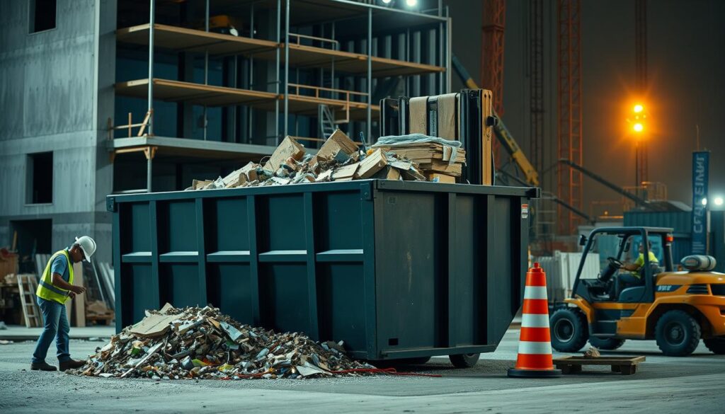 A well-lit construction site, the focus on a large dumpster being carefully loaded by a team of workers. In the foreground, a worker carefully arranges debris, ensuring even distribution and efficient use of space. In the middle ground, another worker skillfully maneuvers a forklift, gently lowering bulky items into the dumpster. The background features the partially constructed building, scaffolding, and construction equipment, setting the scene. The lighting is a mix of natural daylight and warm, diffused artificial illumination, creating a balanced, professional atmosphere. The camera angle is slightly elevated, providing a clear, unobstructed view of the dumpster loading process.