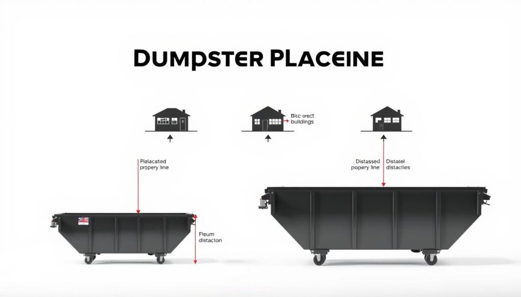 A well-lit, detailed dumpster placement diagram set against a clean, minimalist background. The dumpster is positioned prominently in the foreground, showcasing its dimensions and clearance requirements. In the middle ground, various placement scenarios are illustrated, with arrows and annotations delineating appropriate distances from buildings, property lines, and other obstacles. The background features a simple, neutral backdrop, allowing the technical information to take center stage. The overall mood is informative and instructional, with a technical, engineering-inspired aesthetic. A well-lit, detailed dumpster placement diagram set against a clean, minimalist background. The dumpster is positioned prominently in the foreground, showcasing its dimensions and clearance requirements. In the middle ground, various placement scenarios are illustrated, with arrows and annotations delineating appropriate distances from buildings, property lines, and other obstacles. The background features a simple, neutral backdrop, allowing the technical information to take center stage. The overall mood is informative and instructional, with a technical, engineering-inspired aesthetic.