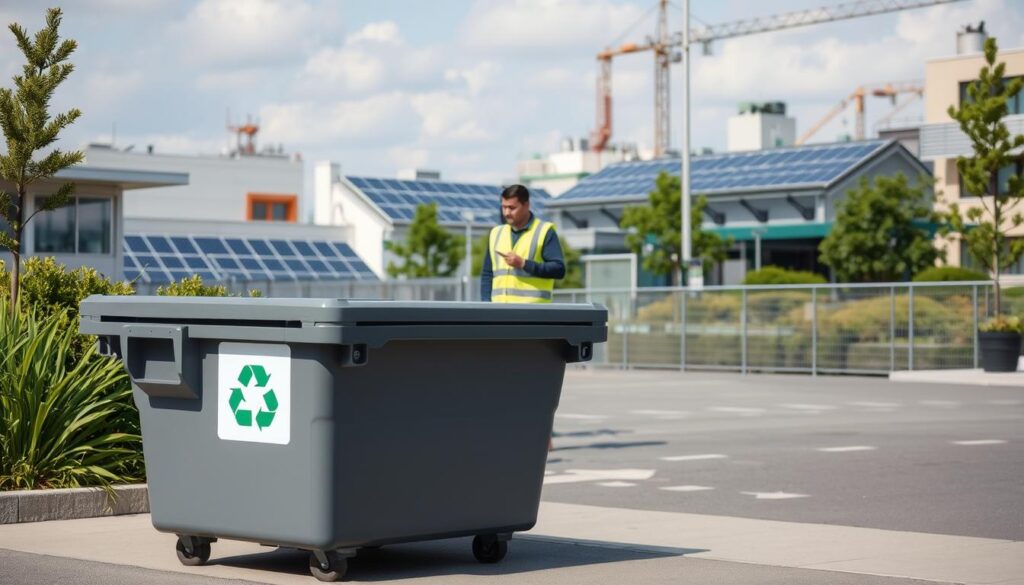 A well-lit, eco-friendly dumpster rental scene with a modern, sleek dumpster prominently displayed in the foreground. The dumpster has a clear recycling label and is surrounded by lush greenery, indicating its sustainable and environmentally-conscious design. In the middle ground, a person in a safety vest is seen overseeing the dumpster rental process, emphasizing the importance of proper handling and compliance. The background features a clean, urban setting with energy-efficient buildings, solar panels, and other green infrastructure, creating an overall impression of environmental responsibility and sustainability.