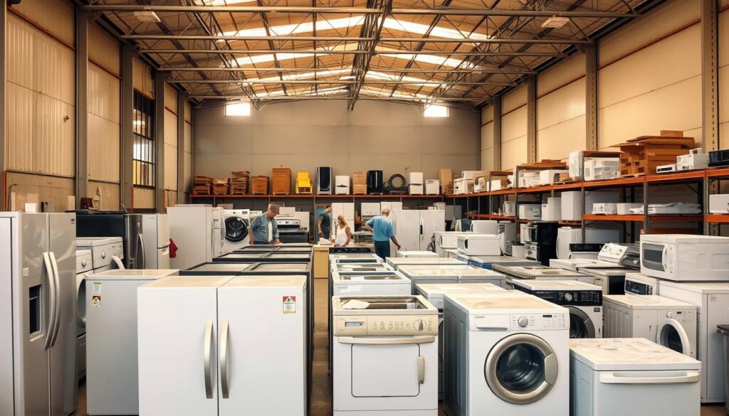 A well-lit, expansive warehouse interior showcasing various appliance recycling options in Holt, Michigan. In the foreground, a group of old refrigerators, washing machines, and dishwashers are neatly arranged, awaiting their next life. The middle ground features a team of workers expertly disassembling and sorting the components for proper recycling. In the background, rows of shelves hold an assortment of refurbished and repurposed appliances available for donation or resale. Warm, natural lighting filters through large windows, highlighting the facility's commitment to sustainable practices. The overall scene conveys a sense of organized efficiency and environmental responsibility. A well-lit, expansive warehouse interior showcasing various appliance recycling options in Holt, Michigan. In the foreground, a group of old refrigerators, washing machines, and dishwashers are neatly arranged, awaiting their next life. The middle ground features a team of workers expertly disassembling and sorting the components for proper recycling. In the background, rows of shelves hold an assortment of refurbished and repurposed appliances available for donation or resale. Warm, natural lighting filters through large windows, highlighting the facility's commitment to sustainable practices. The overall scene conveys a sense of organized efficiency and environmental responsibility.