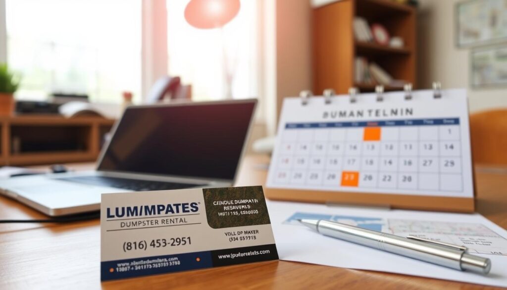 A well-lit home office with a desk, laptop, and phone. In the foreground, a dumpster rental company's business card and a pen, conveying the idea of communication and coordination. The middle ground shows a calendar on the desk, with a highlighted date, indicating a scheduled dumpster delivery. The background features a map of the local area, hinting at the specificity of the dumpster rental service. The overall mood is professional and organized, reflecting the importance of clear communication for a successful dumpster rental experience. A well-lit home office with a desk, laptop, and phone. In the foreground, a dumpster rental company's business card and a pen, conveying the idea of communication and coordination. The middle ground shows a calendar on the desk, with a highlighted date, indicating a scheduled dumpster delivery. The background features a map of the local area, hinting at the specificity of the dumpster rental service. The overall mood is professional and organized, reflecting the importance of clear communication for a successful dumpster rental experience.