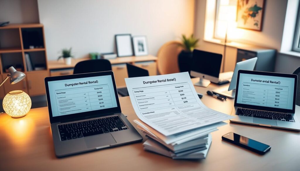 A well-lit, modern office scene with a prominent desk showcasing various dumpster rental quotes and price comparisons. The desktop displays neatly organized documents, laptops, and mobile devices, creating a professional and organized atmosphere. Soft, warm lighting illuminates the space, casting a subtle glow on the scene. The background features minimalist decor, such as shelves or wall art, complementing the clean and minimalist aesthetic. The overall composition conveys a sense of thoughtful research and decision-making, aligning with the topic of comparing dumpster rental options. A well-lit, modern office scene with a prominent desk showcasing various dumpster rental quotes and price comparisons. The desktop displays neatly organized documents, laptops, and mobile devices, creating a professional and organized atmosphere. Soft, warm lighting illuminates the space, casting a subtle glow on the scene. The background features minimalist decor, such as shelves or wall art, complementing the clean and minimalist aesthetic. The overall composition conveys a sense of thoughtful research and decision-making, aligning with the topic of comparing dumpster rental options.