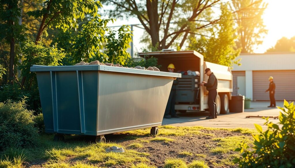 A well-lit outdoor scene showcasing an environmentally-conscious dumpster rental service. In the foreground, a modern, sleek dumpster stands, its metallic surface gleaming under the warm sun. Surrounding the dumpster, lush greenery and flourishing plants create a natural, eco-friendly backdrop. The middle ground features a team of uniformed workers efficiently loading and unloading the dumpster, highlighting the service's professionalism and attention to detail. In the background, a clean, organized storage facility provides a sense of order and responsibility. The overall atmosphere conveys a commitment to sustainable waste management practices, complementing the article's focus on the benefits of renting a dumpster.