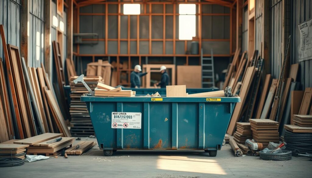 A well-organized construction site with a focus on a prominent dumpster rental in the foreground. The dumpster is surrounded by various construction materials, tools, and workers in the middle ground. In the background, a partially framed building structure sets the scene. The lighting is natural, with warm tones illuminating the scene. The camera angle is slightly elevated, providing a comprehensive view of the workflow. The overall atmosphere conveys a sense of efficient organization and productivity in the dumpster rental scheduling process.