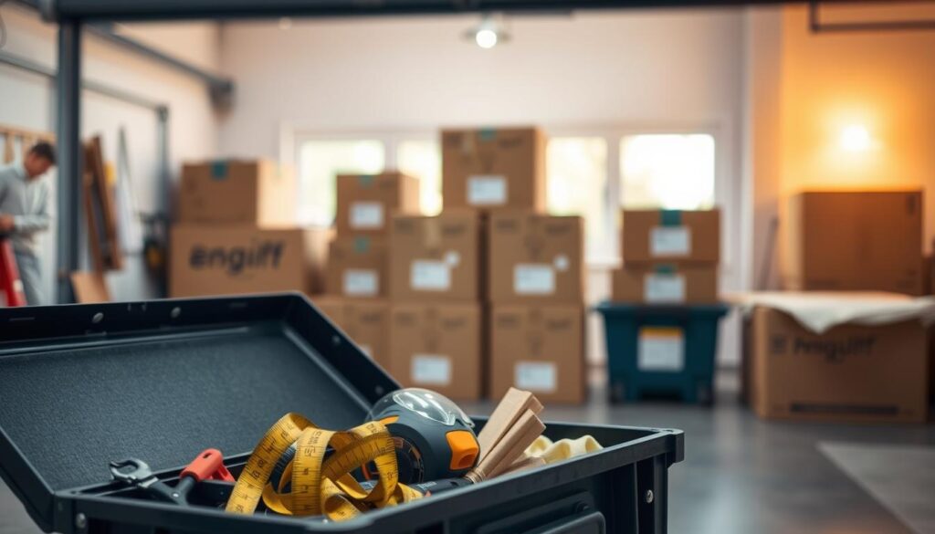 A well-organized dumpster rental preparation scene, shot with a professional camera lens. In the foreground, an open toolbox with essential tools like a tape measure, gloves, and safety goggles. In the middle ground, a stack of sturdy moving boxes, neatly labeled and ready for packing. The background features a clean, spacious garage or workspace, bathed in warm, natural lighting, suggesting a sense of preparedness and organization. The overall mood is one of efficiency and attention to detail, reflecting the care and planning required for a successful dumpster rental experience.