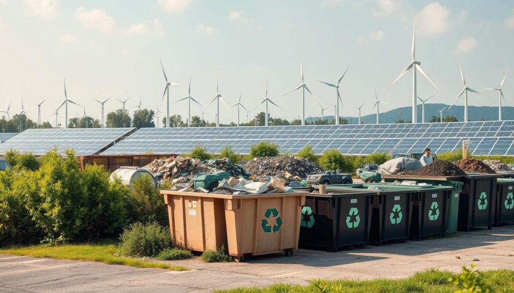 An eco-friendly dumpster rental yard featuring a variety of sustainable waste disposal options. In the foreground, a cluster of dumpsters in natural, earthy tones blends seamlessly with the lush, verdant landscaping. The dumpsters are adorned with prominent recycling symbols, signifying their commitment to environmentally-friendly practices. In the middle ground, workers sort and process recyclable materials, their actions captured in a soft, diffused lighting that emphasizes the care and attention they bring to their work. In the background, rows of solar panels and wind turbines generate clean, renewable energy, powering the entire facility. The scene conveys a sense of harmony between modern waste management and the natural world, inspiring confidence in the sustainable practices on display.