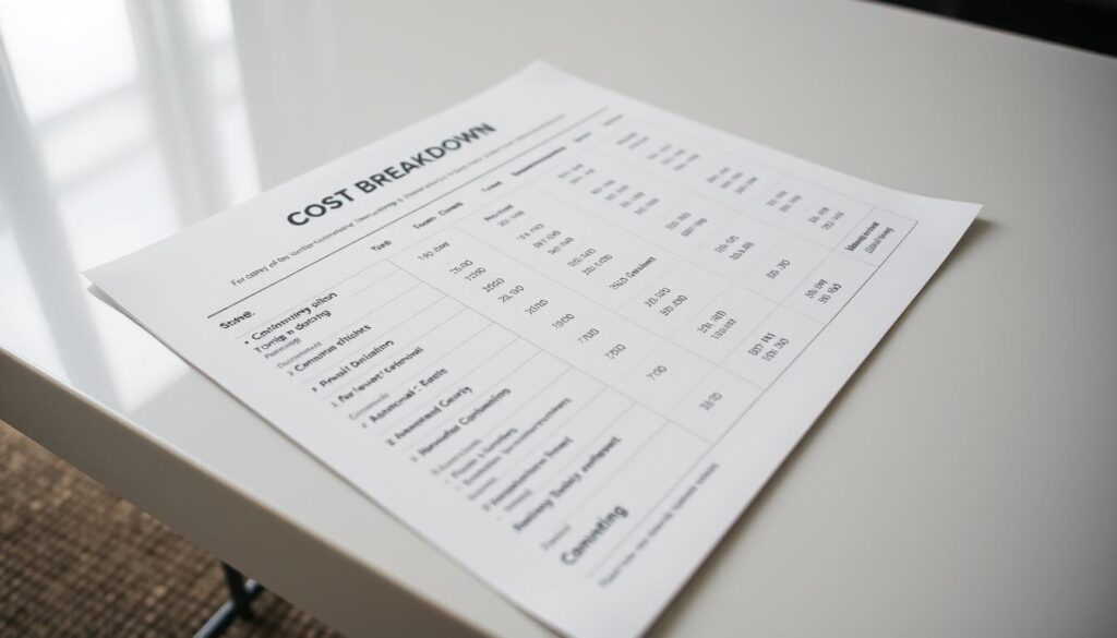 A close-up view of a detailed cost breakdown chart for dumpster rental services, displayed on a sleek, minimalist table surface. The chart features clear, legible typography and icons illustrating the various cost factors, such as size options, delivery fees, rental duration, and disposal rates. Soft, diffused lighting creates a professional, informative atmosphere, while the composition emphasizes the clarity and organization of the financial data. The overall impression conveys a comprehensive, visually engaging presentation of the pricing and fees associated with dumpster rentals.