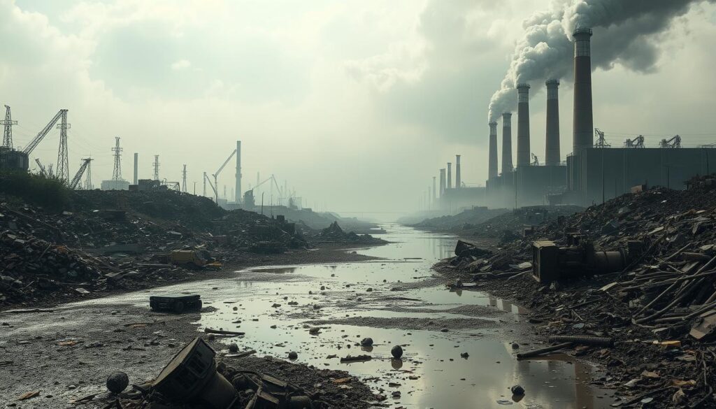 A desolate, post-apocalyptic landscape, where the ravages of irresponsible waste disposal have taken their toll. In the foreground, a toxic sludge seeps into a once-pristine river, its murky waters reflecting the bleak, industrial skyline. Piles of discarded electronics and rusting machinery litter the scene, a stark testament to the environmental impact of unchecked dumping. The middle ground is shrouded in a hazy, polluted atmosphere, casting an ominous glow over the entire tableau. In the background, towering smokestacks belch thick, noxious plumes, serving as a grim reminder of the heavy price paid for our careless disregard for the natural world. The overall mood is one of desolation and despair, a cautionary tale of the consequences of our actions.