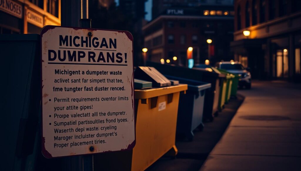 A dimly lit city street, with a row of dumpsters lining the sidewalk. The dumpsters are various sizes and colors, reflecting the diverse waste management regulations across Michigan's municipalities. In the foreground, a weathered sign outlines the local guidelines for dumpster rentals - permit requirements, time limits, and proper placement. The background features the distinct architecture of a Midwestern downtown, hinting at the unique character of each city. Soft, warm lighting casts long shadows, conveying a sense of administrative detail and civic responsibility. An urban scene that visually encapsulates the nuanced, city-specific dumpster rental landscape of Michigan.
