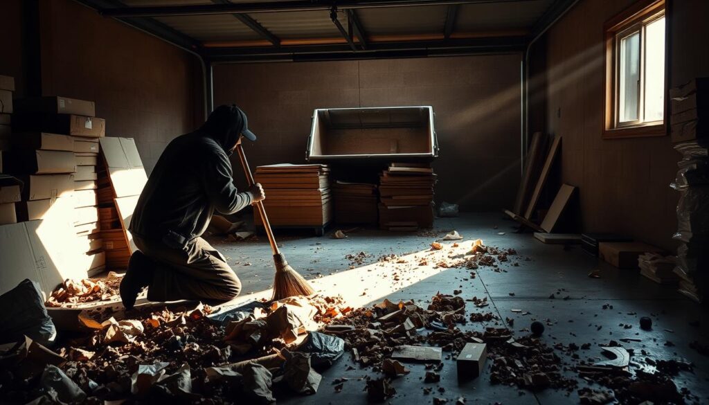 A dimly lit garage interior, the floor littered with crumpled cardboard, packing materials, and scattered debris from a recent dumpster delivery. Sunlight streams in through a side window, casting long shadows and creating a moody, atmospheric lighting. In the foreground, a person in work clothes kneels, sweeping up the mess with a broom, their face obscured. The middle ground reveals stacks of flattened boxes, awaiting disposal. In the background, the open mouth of the dumpster, its metal frame gleaming, serves as a silent witness to the post-delivery cleanup. The scene conveys a sense of orderliness being restored after a disruptive but necessary event. A dimly lit garage interior, the floor littered with crumpled cardboard, packing materials, and scattered debris from a recent dumpster delivery. Sunlight streams in through a side window, casting long shadows and creating a moody, atmospheric lighting. In the foreground, a person in work clothes kneels, sweeping up the mess with a broom, their face obscured. The middle ground reveals stacks of flattened boxes, awaiting disposal. In the background, the open mouth of the dumpster, its metal frame gleaming, serves as a silent witness to the post-delivery cleanup. The scene conveys a sense of orderliness being restored after a disruptive but necessary event.