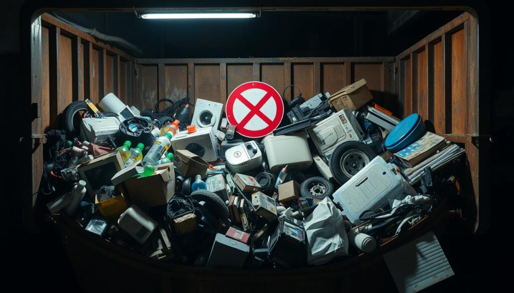 A dumpster filled with prohibited items, illuminated by a harsh overhead light. In the foreground, a jumble of hazardous chemicals, electronics, and medical waste spill out. In the middle ground, outdated appliances, tires, and construction debris litter the scene. The background is shrouded in shadows, hinting at the potential environmental and health risks of improper waste disposal. The overall atmosphere is one of careless disregard, a cautionary tale of the consequences of ignoring disposal guidelines.