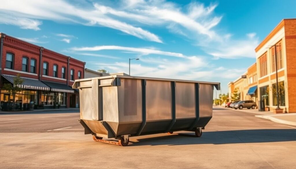 A dumpster rental service in East Lansing, Michigan, situated in a well-lit commercial area. The dumpster, a sturdy steel container, stands prominently in the foreground, its metallic sheen catching the warm afternoon sunlight. In the middle ground, a row of well-maintained buildings and businesses line the street, conveying a sense of a thriving local community. The background features a clear blue sky, with wispy clouds drifting overhead, creating a tranquil and inviting atmosphere. The overall scene suggests a reliable and accessible dumpster rental service, seamlessly integrated into the vibrant urban landscape of East Lansing.