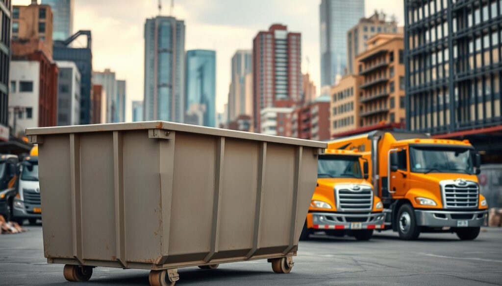 A dumpster rental service in a bustling urban setting, with a stylized industrial aesthetic. In the foreground, a large, well-maintained dumpster in a neutral tone stands ready to receive debris, its edges highlighted by warm, directional lighting. In the middle ground, a fleet of specialized rental trucks, their sleek designs and bright, eye-catching livery reflecting the professionalism of the service. The background features a cityscape of towering buildings, their facades a mix of steel, glass, and weathered brick, conveying a sense of activity and progress. The overall mood is one of efficiency, reliability, and a commitment to waste management solutions that seamlessly integrate with the surrounding environment.