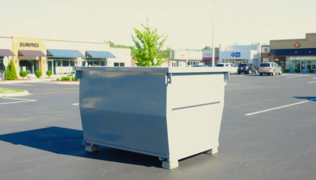 A dumpster rental service located in Bath, MI, sitting on a well-paved commercial lot. The dumpster is a large, rectangular metal container in a neutral gray color, standing prominently in the foreground. The middle ground features a neatly landscaped area with some small trees and shrubs, conveying a sense of order and professionalism. In the background, there are several other commercial buildings, hinting at the bustling small-town setting. The lighting is bright and even, creating clear shadows and highlighting the dumpster's sturdy construction. The overall scene exudes a pragmatic, efficient atmosphere suitable for a business-focused article on effective waste management.