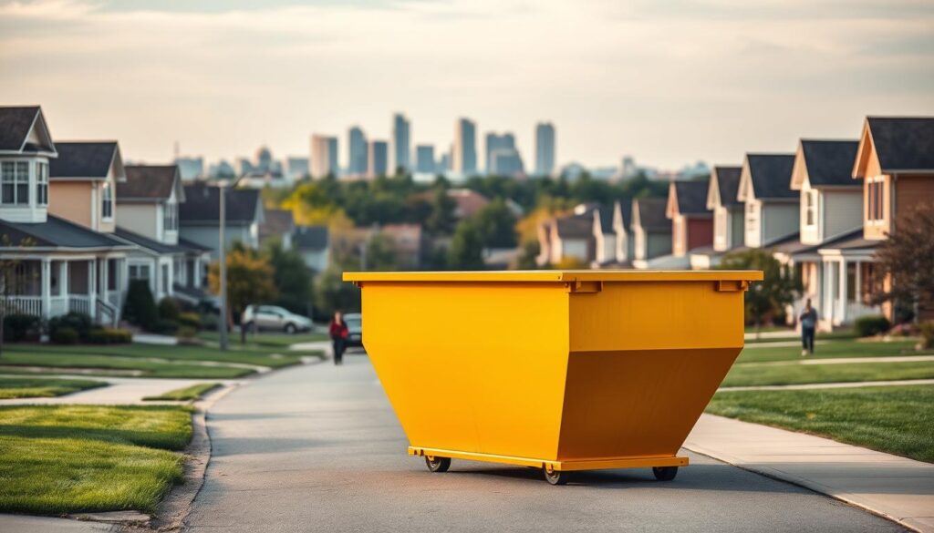 A dumpster rental service located in East Lansing, Michigan, showcased against a backdrop of a well-manicured suburban neighborhood. The dumpster, painted in a vibrant yellow hue, stands prominently in the foreground, its sleek, modern design and ample size conveying a sense of efficiency and reliability. The middle ground features neatly trimmed lawns, well-maintained homes, and a few pedestrians strolling along the sidewalk, creating a tranquil, residential atmosphere. In the distance, the skyline of East Lansing's downtown area is visible, with its distinctive architectural features and the iconic Michigan State University campus adding a touch of urban sophistication to the scene. The lighting is soft and diffused, creating a warm, inviting ambiance that reinforces the idea of a well-regulated, community-oriented dumpster rental service.