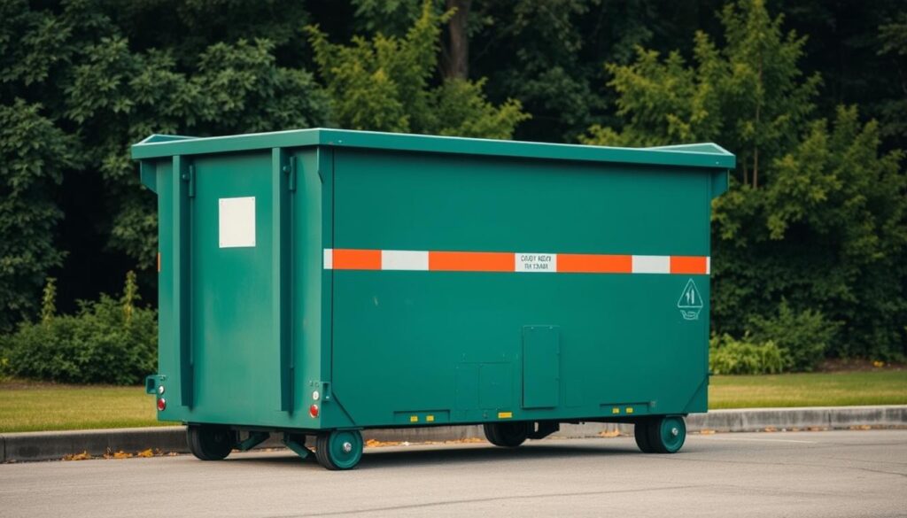A dumpster rental service situated in the charming town of Bath, Michigan, showcasing a sturdy, well-maintained dumpster against a backdrop of lush greenery. The dumpster is captured in a clean, well-lit environment, with a subtle warm-toned lighting that casts a gentle glow, emphasizing its reliable and trustworthy appearance. The camera angle is slightly elevated, providing a balanced and visually appealing composition that highlights the dumpster's dimensions and sturdy construction, conveying a sense of safety and reliability. The overall scene radiates a professional, secure, and environmentally conscious atmosphere, reflecting the high standards of the service provider.
