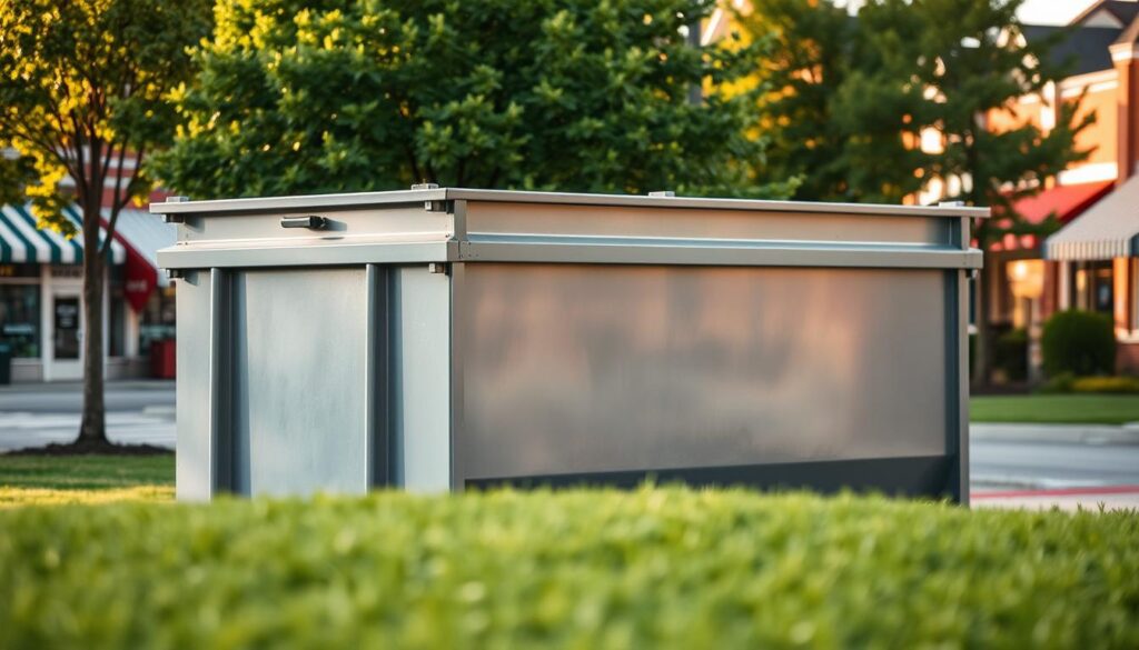 A dumpster rental service situated in the heart of Okemos, Michigan, standing tall against a backdrop of lush greenery and vibrant storefronts. The dumpster, sleek and utilitarian, commands attention, its metallic surface gleaming under the warm afternoon sun. In the foreground, a well-manicured lawn frames the scene, while in the distance, the bustling streets of the town create a sense of urban energy. The lighting is soft and diffused, casting gentle shadows that accentuate the industrial yet inviting nature of the dumpster rental service. The overall atmosphere conveys a sense of efficiency and environmental responsibility, reflecting the importance of proper waste management in the local community.