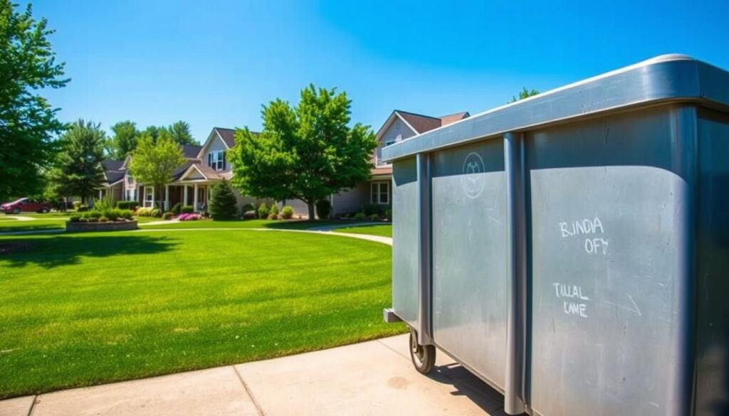 A dumpster rental site in Lansing, Michigan, situated under a clear blue sky. In the foreground, a large dumpster stands prominently, its metallic exterior gleaming in the sunlight. In the middle ground, a well-manicured lawn and a neatly paved driveway provide a tidy backdrop. In the background, a row of residential homes with well-maintained landscaping creates a cohesive suburban setting. The scene conveys a sense of order and attention to municipal regulations, reflecting the careful considerations required for dumpster rentals in the local area. Captured with a wide-angle lens to showcase the full context, the image communicates the key details of dumpster rental policies in Lansing.