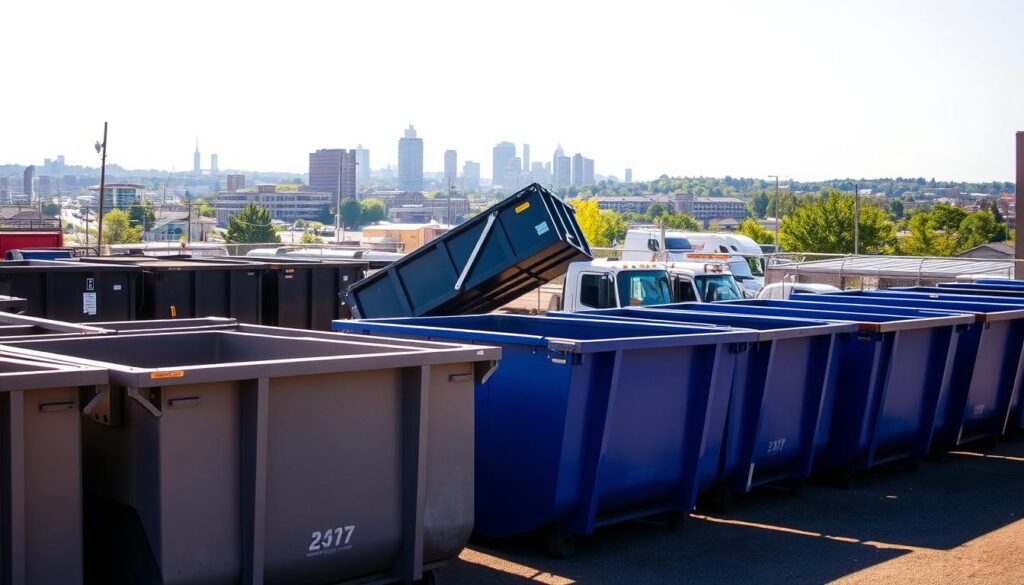 A dumpster rental yard in East Lansing, Michigan, under a warm afternoon sun. The foreground features a row of various-sized dumpsters, their metal surfaces gleaming and colors ranging from utilitarian gray to vibrant blue. In the middle ground, a truck prepares to deliver or retrieve a dumpster, its hydraulic lift system in motion. The background showcases the bustling city skyline, with the iconic Michigan State University campus visible in the distance. The scene conveys a sense of efficient service and the practical needs of the local community, ready to support home renovations, construction projects, and waste management.