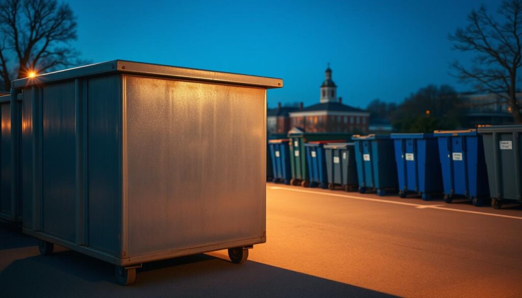 A dumpster yard in a well-lit college town, with various dumpster sizes neatly arranged. In the foreground, a large industrial dumpster takes center stage, its metal surface gleaming under warm overhead lighting. In the middle ground, smaller dumpsters of different dimensions stand in orderly rows, allowing a clear visual comparison of their sizes. The background features a clean, uncluttered scene, with a clear blue sky and the distant silhouettes of college buildings, conveying a sense of academic and organizational focus. The overall scene suggests a practical, well-managed approach to waste management, suitable for a college move-out scenario.