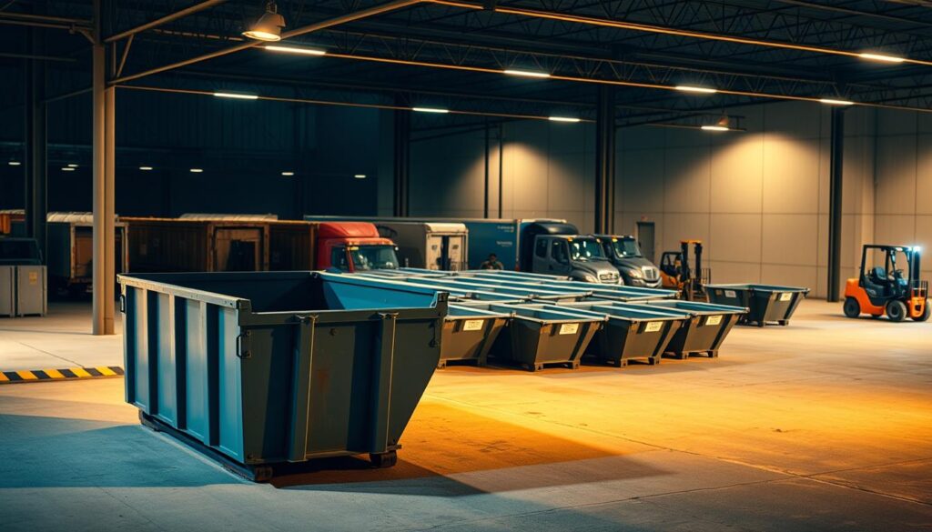 A modern, well-lit dumpster rental service facility. In the foreground, a large open-top dumpster stands ready for construction waste, surrounded by a tidy, paved yard. In the middle ground, several smaller dumpsters of varying sizes are neatly arranged, their metal surfaces gleaming under the warm, directional lighting. In the background, a fleet of delivery trucks and forklifts are visible, suggesting efficient and reliable dumpster delivery and pickup services. The overall scene conveys a sense of professionalism, organization, and a commitment to serving the needs of construction projects. A modern, well-lit dumpster rental service facility. In the foreground, a large open-top dumpster stands ready for construction waste, surrounded by a tidy, paved yard. In the middle ground, several smaller dumpsters of varying sizes are neatly arranged, their metal surfaces gleaming under the warm, directional lighting. In the background, a fleet of delivery trucks and forklifts are visible, suggesting efficient and reliable dumpster delivery and pickup services. The overall scene conveys a sense of professionalism, organization, and a commitment to serving the needs of construction projects.