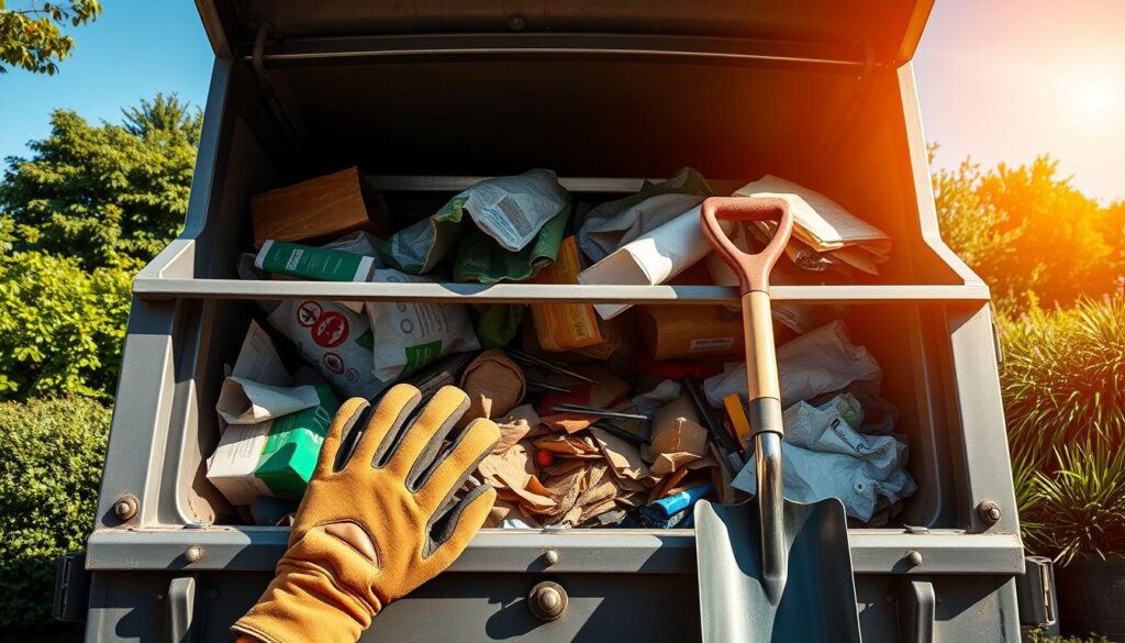 A neatly organized dumpster, its contents strategically arranged for efficient disposal. Sunlight streams in, casting warm shadows across the scene. Rugged work gloves and a shovel stand ready, conveying a sense of industrious productivity. The dumpster's sleek, modern design suggests a thoughtful approach to waste management. In the background, lush greenery and a clear blue sky create a calming, natural backdrop, underscoring the importance of sustainable practices. This image showcases a harmonious integration of function and form, inspiring viewers to approach their own dumpster usage with a similar level of care and consideration.