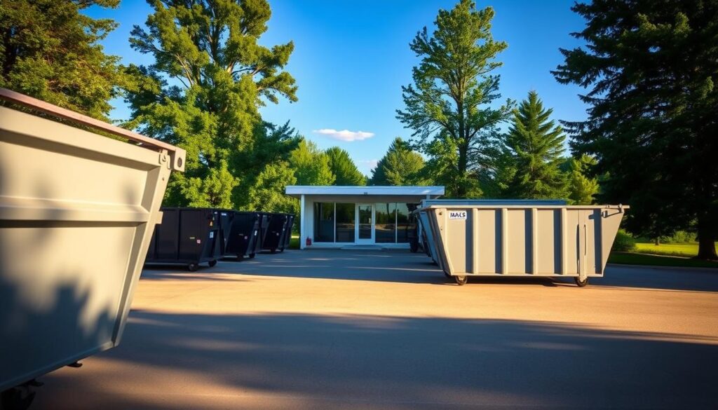 A neatly organized dumpster rental site in Williamston, MI, with a sleek, modern dumpster prominently displayed in the foreground. The dumpster's metallic surface gleams under the soft, diffused lighting, casting subtle shadows that add depth and texture to the scene. In the middle ground, a well-paved driveway leads to the rental office, a clean, minimalist structure with large windows that allow natural light to flood the interior. The background features a lush, verdant landscape, with towering trees and a clear, azure sky, creating a tranquil and inviting atmosphere. The overall composition conveys a sense of efficiency, professionalism, and environmental consciousness, perfectly suited for an article on event cleanup using dumpster rentals. A neatly organized dumpster rental site in Williamston, MI, with a sleek, modern dumpster prominently displayed in the foreground. The dumpster's metallic surface gleams under the soft, diffused lighting, casting subtle shadows that add depth and texture to the scene. In the middle ground, a well-paved driveway leads to the rental office, a clean, minimalist structure with large windows that allow natural light to flood the interior. The background features a lush, verdant landscape, with towering trees and a clear, azure sky, creating a tranquil and inviting atmosphere. The overall composition conveys a sense of efficiency, professionalism, and environmental consciousness, perfectly suited for an article on event cleanup using dumpster rentals.