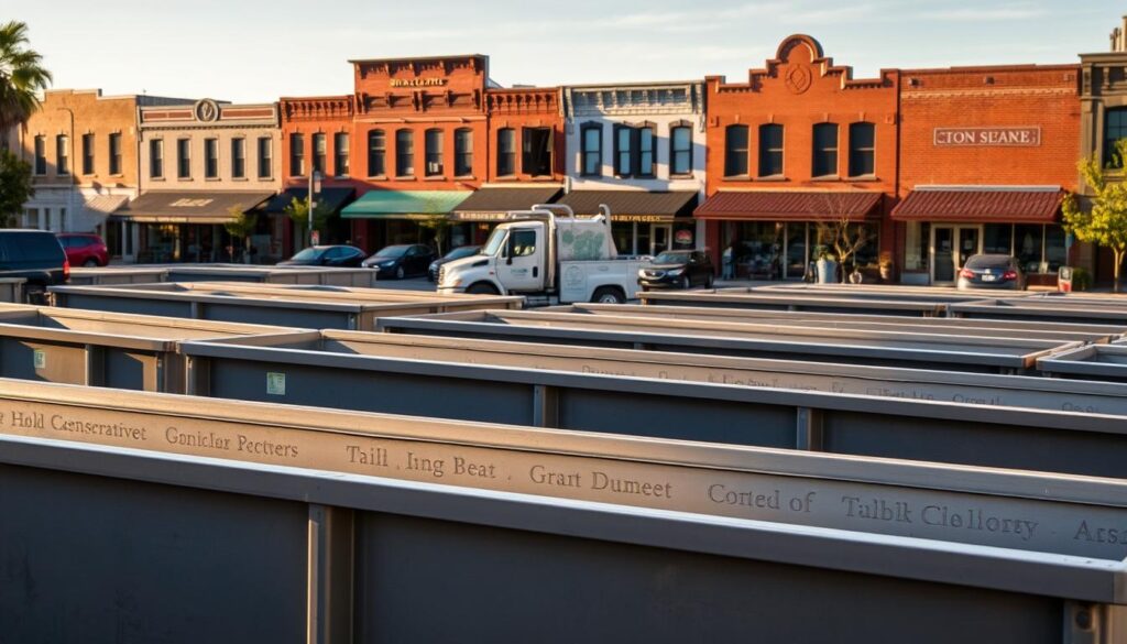 A neatly organized dumpster rental yard in Grand Ledge, Michigan. The foreground features a row of various-sized dumpsters, their sleek steel exteriors gleaming under the warm afternoon sun. In the middle ground, a delivery truck is positioned, ready to transport the selected dumpster to the customer's site. The background showcases the quaint downtown buildings of Grand Ledge, their brick facades and well-tended storefronts creating a charming, small-town atmosphere. The scene conveys a sense of efficiency and reliability, with the dumpsters positioned for easy access and the delivery process seamlessly integrated into the local landscape.