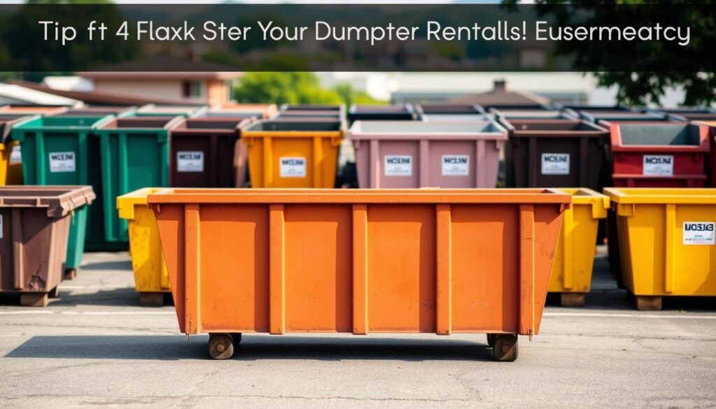 A neatly organized dumpster rental yard, with various dumpster sizes and styles arranged in a visually appealing layout. The foreground showcases a medium-sized dumpster in a warm, earthy tone, its exterior clean and well-maintained. The middle ground features a mix of dumpster sizes, each labeled with their capacity, creating a sense of informative clarity. The background depicts a softly blurred urban landscape, hinting at the dumpster's intended use for a residential home project. The lighting is natural and diffused, casting gentle shadows that accentuate the dumpster's features. The overall atmosphere conveys a sense of efficiency, practicality, and attention to detail, reflecting the tips for maximizing the dumpster rental experience.