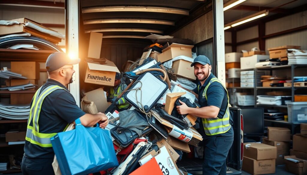 A professional junk removal service team hard at work, efficiently loading a truck with various discarded items. The scene is well-lit, with natural sunlight casting a warm glow on the workers' faces, conveying a sense of diligence and competence. The workers are dressed in uniforms, displaying a professional and organized appearance. In the background, a neatly organized storage area showcases the company's commitment to organization and cleanliness. The overall atmosphere exudes a friendly and trustworthy demeanor, reflecting the reliable and customer-focused nature of the service.